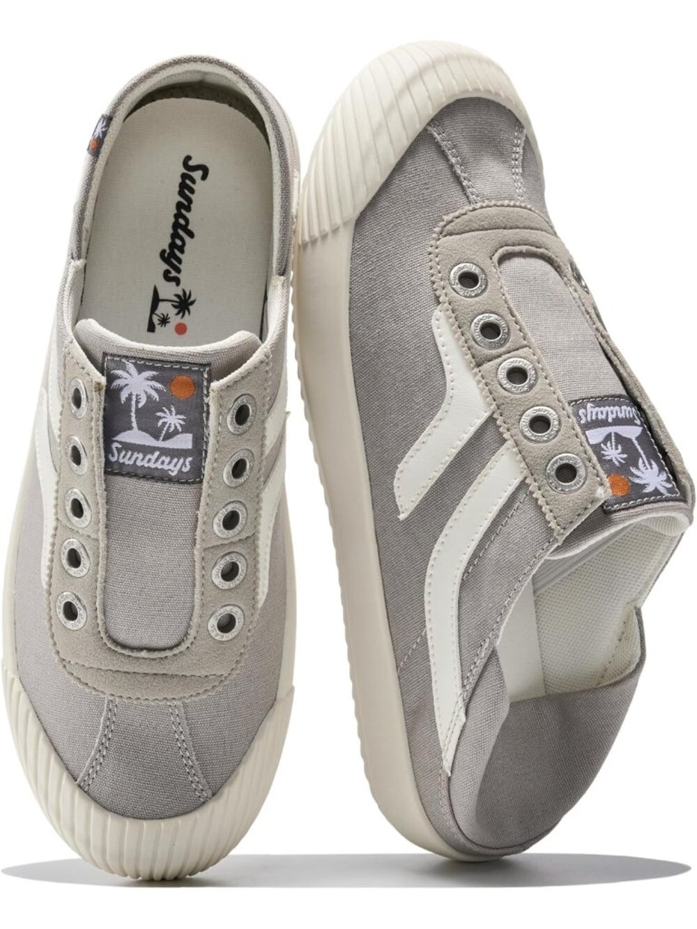 Women's Grey And White Memory Foam Insole Backless Mule Canvas Sneaker Shoes